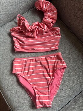 Habitual Girls' Pink Striped Two-Piece Swim Set with Ruffle Strap
